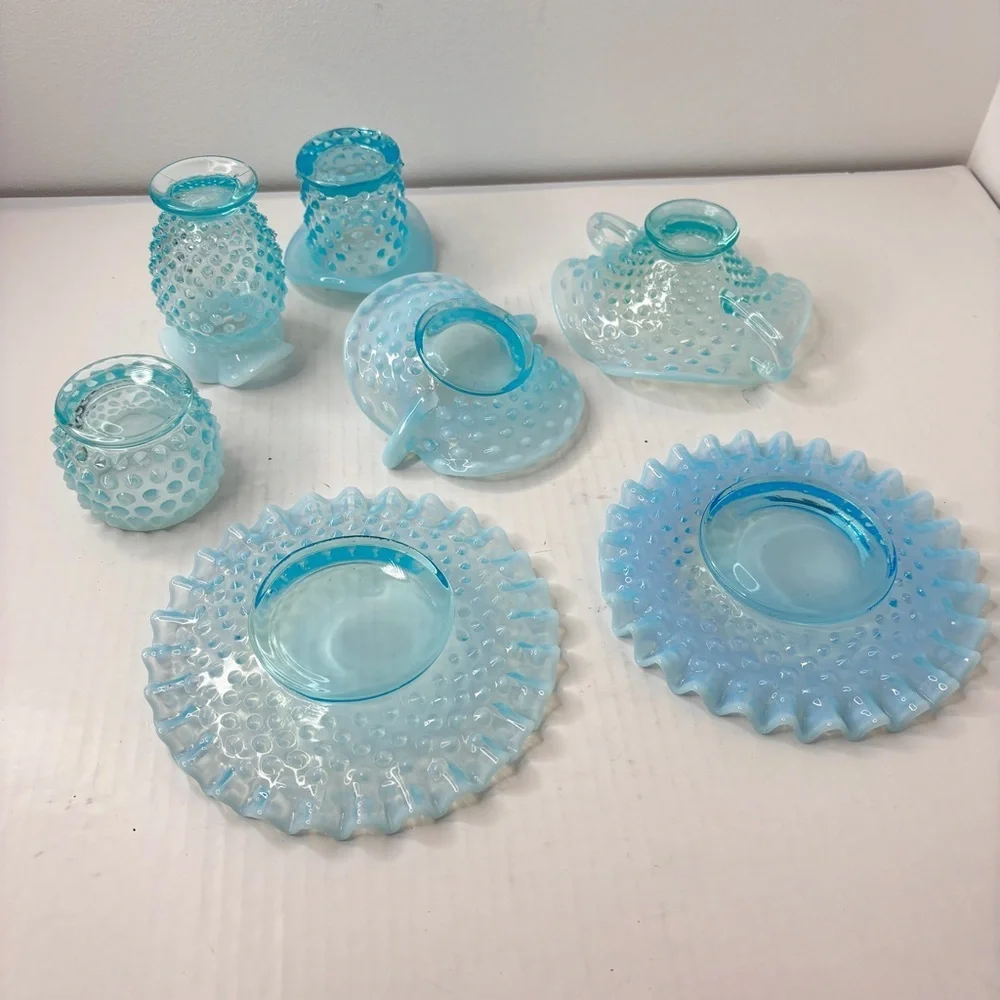 VTG Fenton Blue Opalescent Hobnail 7 pc lot Trinket Candy Dishes Votive Bud Vase